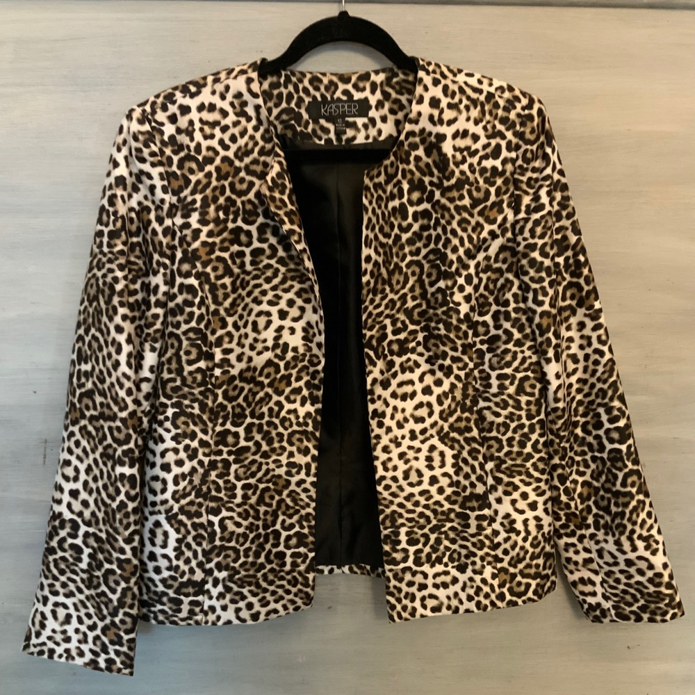 Kasper Leopard Print Open Front Blazer Jacket Size 12 Good Condition